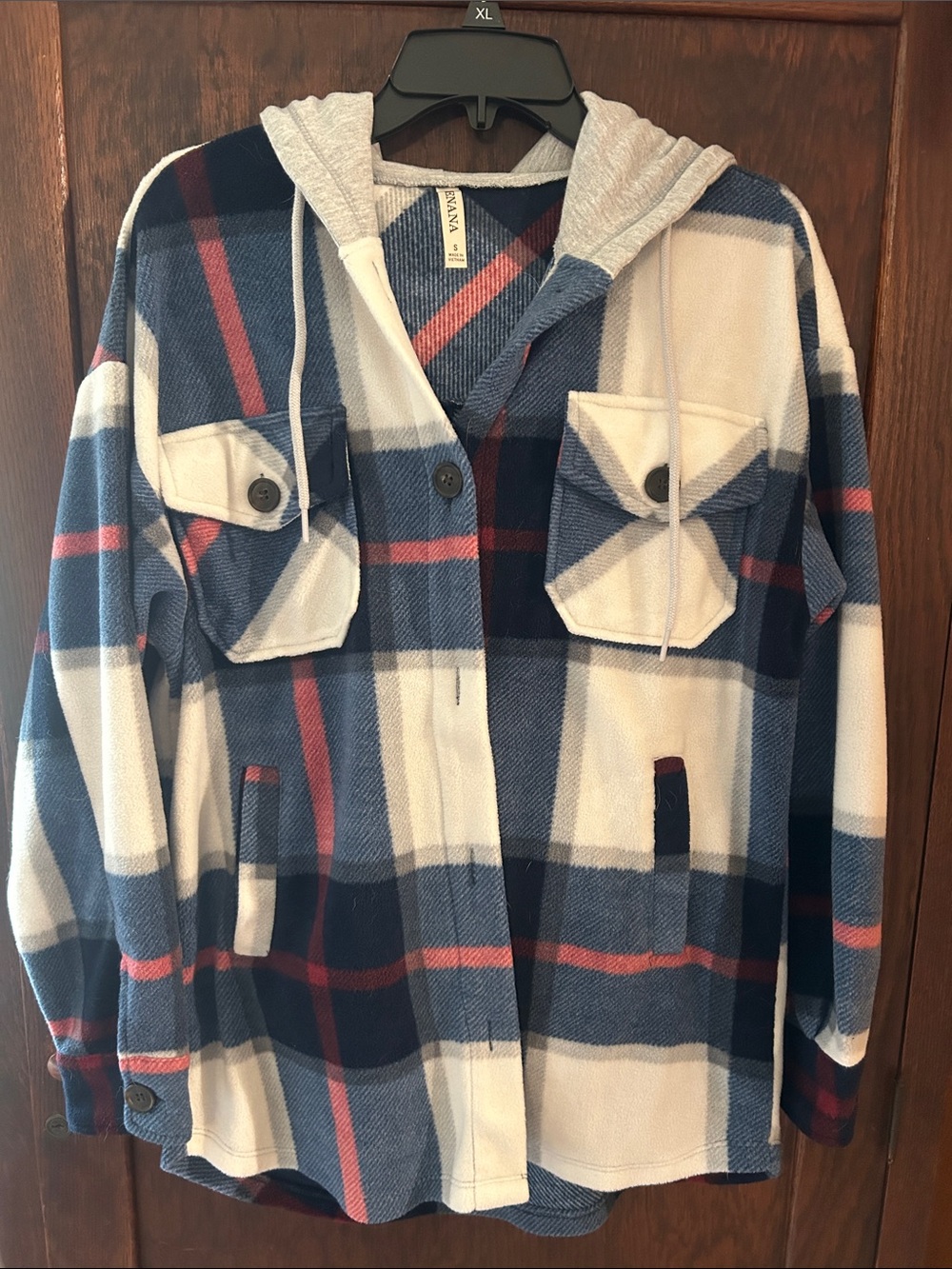 Zenana Outfitters Blue, White & Red Plaid Hooded Shacket